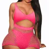 Women 2 Pieces Beach Tracksuits Sleeveless Backless Hollow Out Bodysuits and Fishnet Mesh Perspective Shorts Suits Outfits 210517