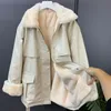 Winter Fashion design women's turn down collar PU leather patched faux fur liner warm thickening with belt parka coat