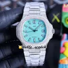 TWF 5711/1A-018 Paved Diamonds 324SC A324 Automatic Mens Watch 170 Anniversary Blue Texture Dial Tiffan9 Stick Markers Fully Iced Out Big Diamond Bezel Bracelet