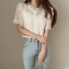 Kimutomo Femmes Mode Chemises Corée Chic Crochet Fleur Évider Dentelle Vêtements Femme O-cou Sauvage À Manches Courtes Tops Élégant 210521