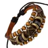 Tennis Vintage Brown Tone Multi Layers Beading Leather Bracelets Handmade Wood Beads Ace Of Hearts Genuine Bangles Jewelry