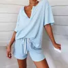 Kadın V Boyun T-shirt DSTRING Şort Çiçek Baskı Nervürlü Pijama Pijama Set X0526