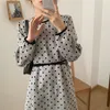 Nomikuma Wiosna Koreański Dot Kobiety Sukienka Puff Długi Rękaw O-Neck Causal Vestidos Femme Slim Talia Suknie Line 6E379 210427