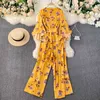 Nelloe Print Bohemian Holiday Jumpsuit Женщины Нерегулярный дизайн Высокая талия Бедра широкая нога Bodysuit V шеи FLARE PLAYPUTION 210423