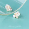 Modian 925 Sterling Silver Blommande Vit Frangipani Blomma Pearl Stud Örhängen för Kvinnor Fashion Ear Pin Fine Smycken