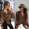 Fashion design womens european style perspective leopard print long sleeve chiffon blouse shirt SML