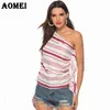 Mulheres listradas uma blusa de ombro sexy moda sleeves feminino casual ruffles bluas tops backless verão senhoras desgaste elegante 210416