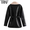 Traf Mulheres Moda Com Pele Faux Leão De Couro Digpado Casaco Quente Casaco Vintage Manga Longa Amarrado Cinto Feminino Outerwear Chique Top 210415