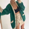 Moda-Wixra Kadınlar Tek Göğüslü Argyle Uzun Kollu Hırka Sonbahar Kış Şık Yeşil Triko Cepler Kazak 220104