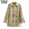 TRAF Women Fashion With Belt Double Breasted Trench Coat Vintage Long Sleeve Drawstring Female Outerwear Chic Overcoat 210415