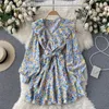 Singreiny Femmes Français Floral Wrap Robe Sweet Puff Manches Col V Volants A-Line Robes Printemps Boho Imprimer Vacances Robe courte 210419