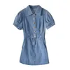 Blue Denim Turn Down Collar Button Short Sleeve Empire Mini Dress Summer Casual D1836 210514