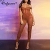 Colysmo Bodycon Set da 2 pezzi Pantaloni arricciati da donna Imbottiture rimovibili Monopetto See Through Mesh Abiti da vacanza sexy 210527