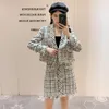 Vintage Herbst Winter Tweed 2 Stück Set Frauen Plaid Woven Golded Button Quaste Jacke Mantel + Hight Taille Rock Anzug Outfit 210514