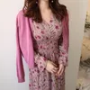 Elegant V-neck Floral Printed Summer Dress Women Long Sleeve Female Chiffon Beach Boho Vestidos Vintage Midi Dresses 210514