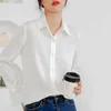 Satijn wit shirts voor vrouwen lange mouw knop omhoog kantoor elegante blouse lente herfst dames mode blouses kleding 210525