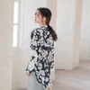 Koreaanse Chic Ruche Kant Patchwork Print Blouse Stand Kraag Batwing Lange Mouw Blusas Elegant Design OL Shirt 210520