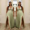 Light Green Plus Size Appliqued Prom Dresses Sheer V Neck Evening Gown A Line Split Side Chiffon Floor Length Formal Dress Abiye 2022