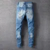 Jeans Masculinos Luxo Mens Cristal Patchwork Plissado Biker Slim Skinny Rasgado Calças Denim Calças Azul Plus Size 40