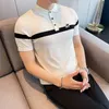 British Style Shorts Sleeve Polo Skjortor Män Knitted Lapel Tee Toppar Casual Slim Polo Shirts Business Social Polo Camisa Hombre 210527