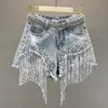 i lager Europe Style Sommar Dam Diamond Beading Paljett Tofs Denim Shorts Jeans Mode Dam All-match Byxor 210428