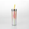 16oz Double Plastic Straw Cups Fashion Rainbow Gradient Straight Cup General Cold Drink Tumblers 10 Style T500592
