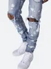 Heren jeans mannen straat outfit noodlijdende sneeuw wassen verf dot ontwerp potlood mode slanke jean knie gaten hiphop denim broek