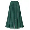 Pantalón corto de gasa de pierna ancha de cintura alta para mujer, pantalones Capris verdes informales plisados de verano Vintage bohemio para mujer B82205A 210416
