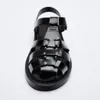 Meotina 여성 샌들 검투사 신발 라운드 발가락 플랫 샌들 T- 스트랩 브랜드 디자인 숙녀 신발 검은 40 210520