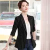 Gul Stripe Blazer Kvinnor Casual Thin Summer Fashion Formal Half Sleeve Slim Jacket Office Ladies Work Coat 210604