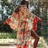 Fitshinling Vintage Print Floral Beach Cover Up Summer Swimwear Bikini Capispalla Flare Sleeve Oversize Bohemian Long Cardigan 210722