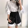 Korean Chic Office Lady White Puff Long Sleeve Lapel Shirts Dress Mini High Waist Double Breasted Irregular Skirts Retro Casual 210610