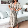 Elegant Strand Vacation Floral Boho Wide Leg Lång Romper Jumpsuits Deep V-Neck Slips En Knot Sommar Jumpsuit Kvinnor 210414