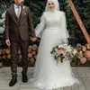 Muslim plus storlek bröllopsklänningar brudklänning tiered tulle pleats sweep tåg långa ärmar golv längd formell sceond mottagning klänning vestido de novia custom gjord