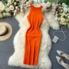 Vintage Slim Stretch Bandage Strickkleid Sommer Sexy 0-Ausschnitt, figurbetonter Pullover Partykleid Frauen Club Knielange Kleider 210521