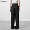 Mnealways 18 Spring Summer Black Ladies Office Trouser High Waist Pants Pockets Female Pleated Wide Leg Solid 220211