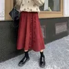 Lente herfst vrouwen koreaanse stijl zwart rood corduroy ruches hoge taille school midi lange rok vrouw 210421