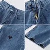 Jeans de coração da moda Yedinas para meninas Mulher larga de gola alta calça de calça de jeans de jeans de jeans mujer perna larga 210527