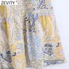 Kobiety Vintage Rękaw Puff Prasa Plisowane Pierśnione Dorywczo Midi Sukienka Kobieta Patchwork Patchwork Drukowanie Vestido Dresses DS8217 210420