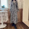 V Yaka Pileli Elbise Kadınlar İlkbahar Sonbahar Kadın Uzun Kollu Baskılı Çiçek Gevşek Şifon Elbiseler Artı Boyutu 5XL 210423