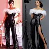 2021 Black Evening Dresses Trousers Prom Gowns Luxury Sequined Feather Party Dress robes de soirée