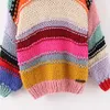 Maglione a righe arcobaleno dolce Moda donna O-Collo Pullover allentati Ragazze carine Colori a contrasto Chic Jumpers 210531