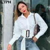 LTPH Przyjazd Topy Jesień Bluzka Kobiety Proste Solidne Kolor Anglia Styl Vintage Slim Pas Design Moda Sexy Krótka Koszula 210427