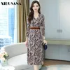 Höst Vintage V-Neck Slim High Receive Waist Women Dress Full Sleeve Kvinna Blommigryck Vestidos Femme 210423