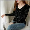 New ladies autumn winter plus size tops for women large long sleeve loose V neck sequin black T-shirt 3XL 4XL 5XL 6XL 7XL 8XL X0628