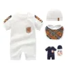 Zomer baby plaid rompertjes + hoeden + slabbetjes baby jongens meisjes korte mouw jumpsuits peuter pasgeborenen onesies kinderen romper 0-24 maanden