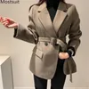 Yün Kalınlaşmak Kore Kadınlar Blazer Ceket Kış Uzun Kollu Kemerli Vintage Moda Ofis Bayanlar Ceket Femme 210513