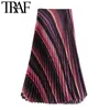 TRAF Women Chic Fashion Color Striped Pleated Midi Skirt Vintage High Waist Side Zipper Female Skirts Faldas Mujer 210415