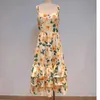 [Deat] vierkante kraag rok rok hoge mouwloze taille slank geel Gedrukt Mall Goth Maxi jurken voor vrouwen lente 210527
