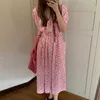 Korejpaa Women Dress Summer Korea Chic Sweet Print Elegant Floral V Neck Pocket Design Tie Waist Bubble Sleeve Long Vestido 210526